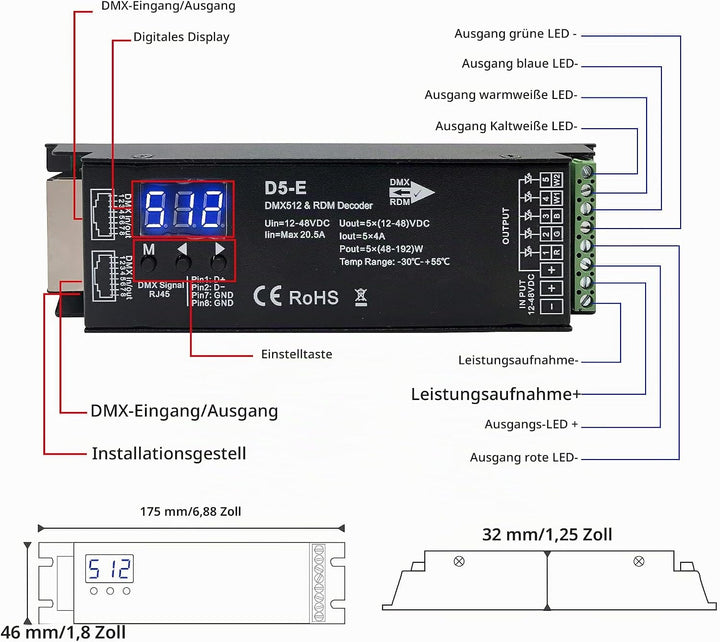 GIDEALED 5 Kanal DMX Decoder mit RDM Digitalanzeige,DMX512 Dimmertreiber PWM LED Controller für RGBC