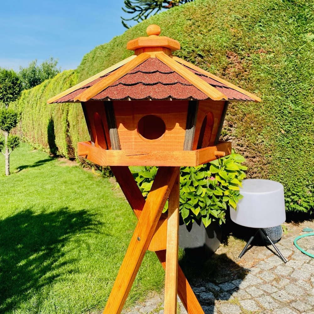 Vogel Futter Haus L oder XL Sechseck Holz Vogelhaus Futterstelle Braun/Blau, Rot, Schwarz und Grün (