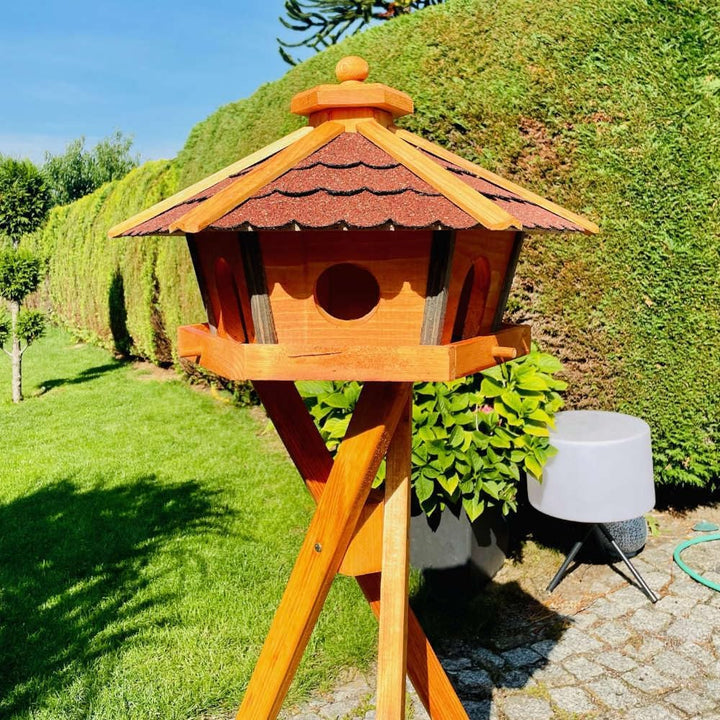 Vogel Futter Haus L oder XL Sechseck Holz Vogelhaus Futterstelle Braun/Blau, Rot, Schwarz und Grün (