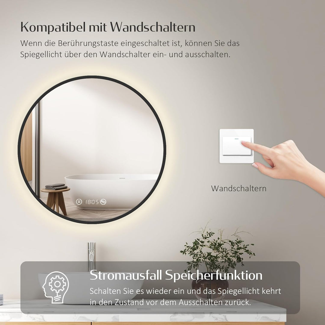 EMKE Badspiegel mit Beleuchtung rund 60 cm – Schwarzer Badezimmerspiegel mit Antibeschlag, Dimmbar,