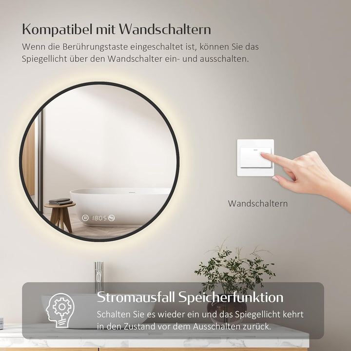 EMKE Badspiegel mit Beleuchtung rund 60 cm – Schwarzer Badezimmerspiegel mit Antibeschlag, Dimmbar,