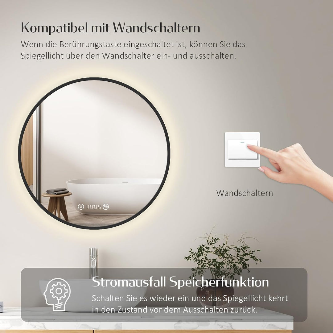 EMKE Badspiegel mit Beleuchtung rund 80 cm – Schwarzer Badezimmerspiegel mit Antibeschlag, Dimmbar,