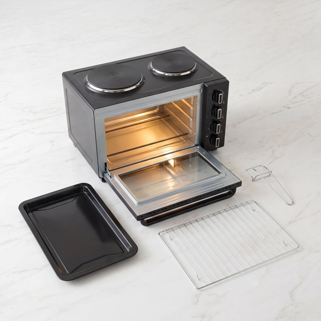 Tristar Heissluftofen mit 2 Kochplatten, 35 L Kapazität, 3200 W, Stahlgehäuse, kompakte Miniküche fü