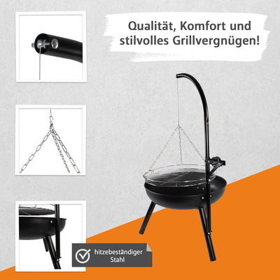 NATIV Lemodo Feuerschale mit Grillrost - Dreibein-Schwenkgrill - Dreifuss-Grill mit Kurbel zur Höhen