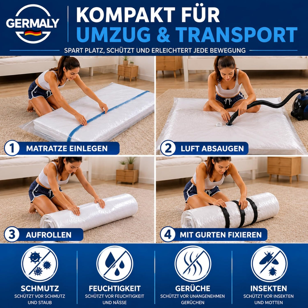Matratzen Vakuumbeutel 220x240 cm für Einzelmatratzen bis 230x210 cm mit Kompressionsgurten & Ventil