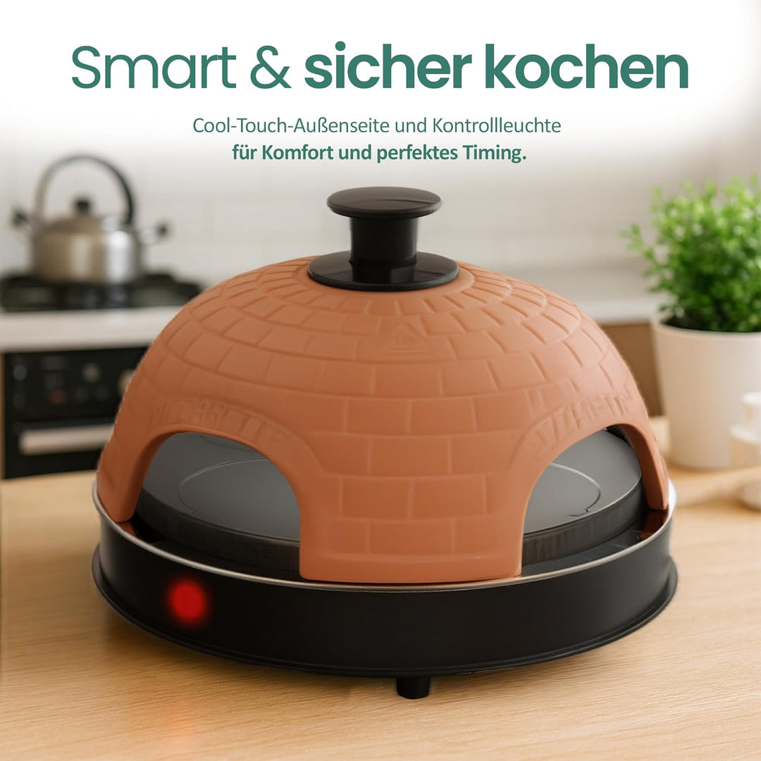 Emerio Pizzaofen, PIZZARETTE das Original, handgemachte Terracotta Tonhaube, patentiertes Design, fü
