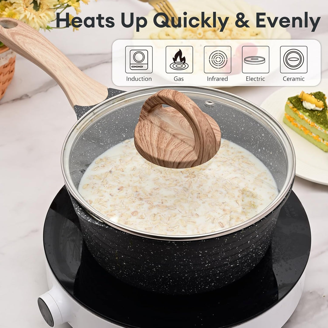 JEETEE Kochtopf 16 cm, 1.5L Kochtöpfe mit Deckel, Milchtopf Mit Hitzebeständigem Griff und Ausguss,