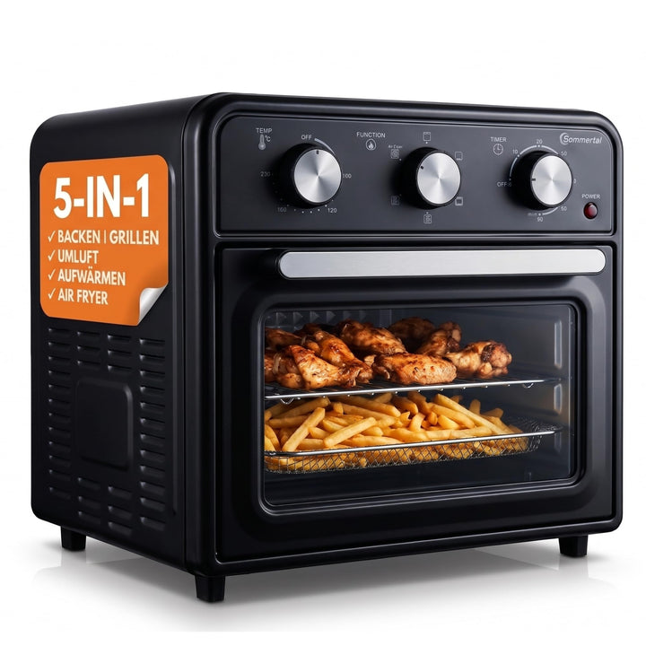 Sommertal Minibackofen 20 Liter mit Umluft & Heissluftfritteuse, Mini Backofen 1800W zum Backen, Gri