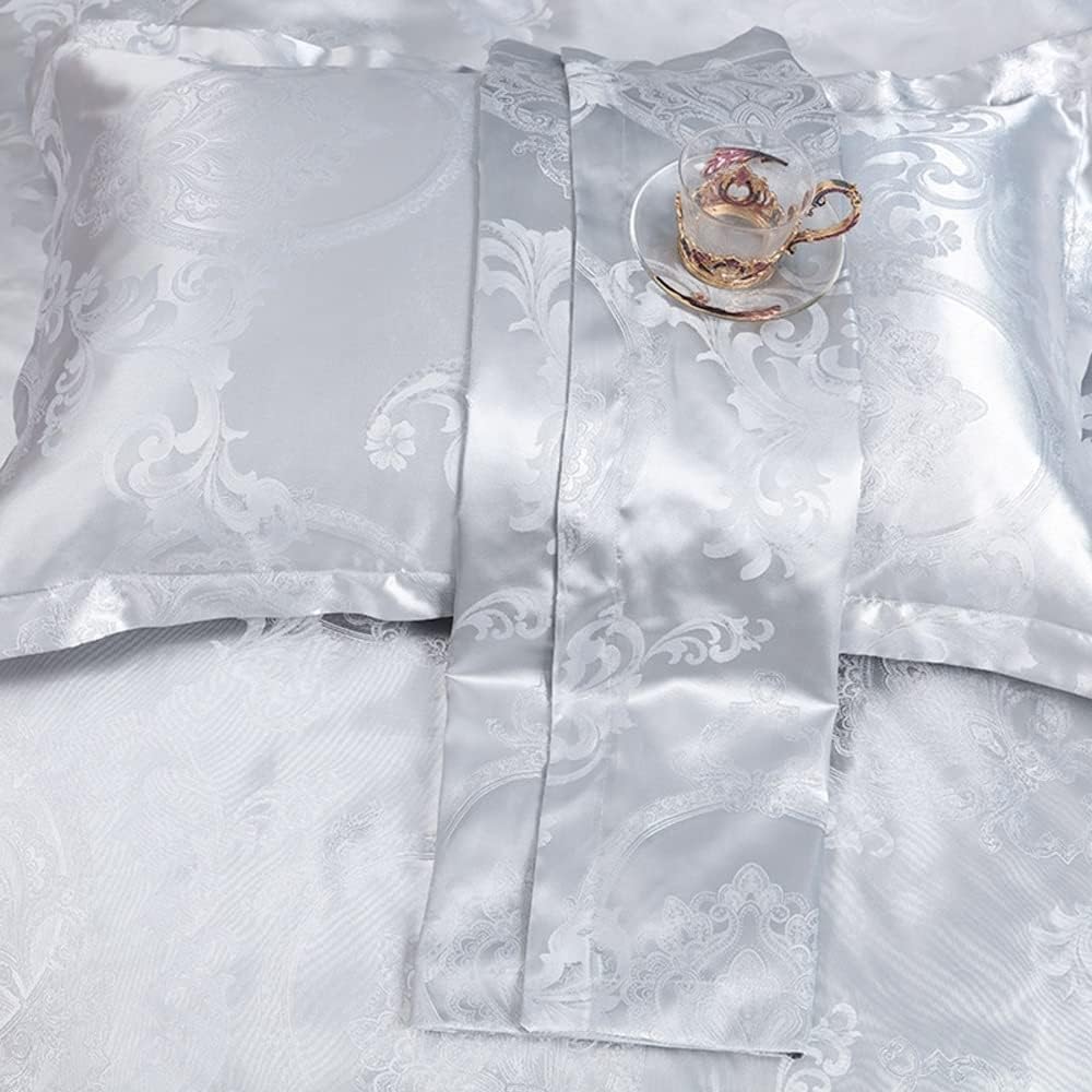 DXHOME Bettwäsche Satin 155x220 cm Silver Grau Hellgrau Wendebettwäsche Jacquard Bettwaesche mit Gol
