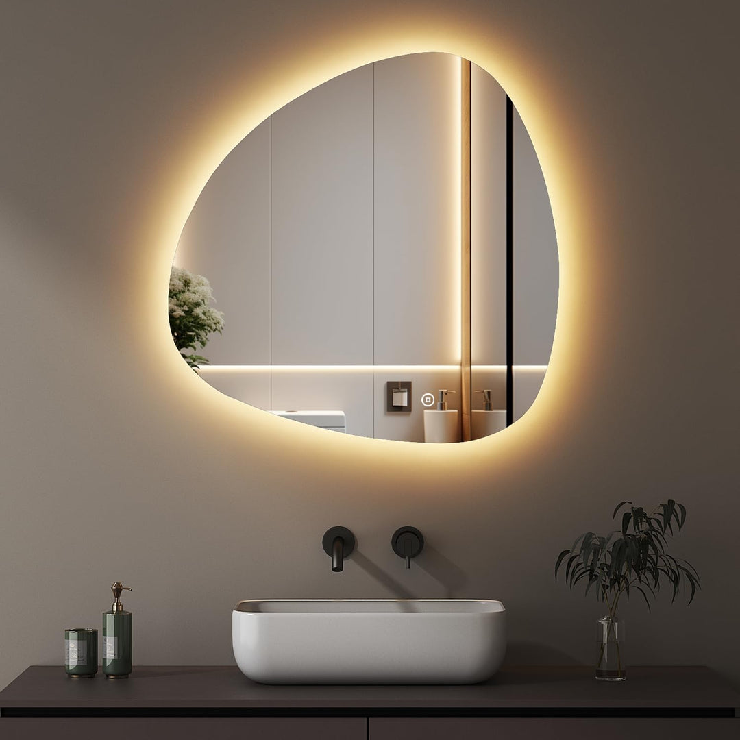 Boromal Asymmetrischer Badspiegel mit Beleuchtung 80x80cm LED Asymmetrischer Spiegel mit Beleuchtung