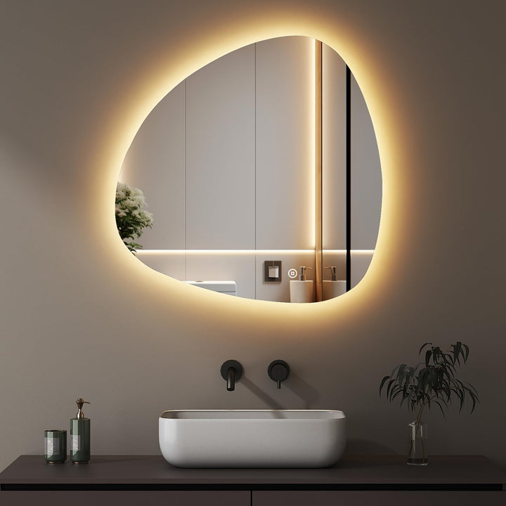 Boromal Unregelmässiger Form Asymmetrischer Spiegel mit LED Beleuchtung, Badspiegel mit Beleuchtung