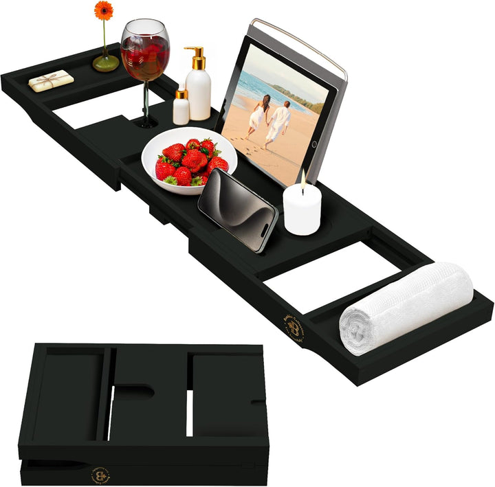 Premium Badewannen-Tablett aus Bambus – erweiterbares Badezimmer-Tablett aus Holz – verstellbares Ba