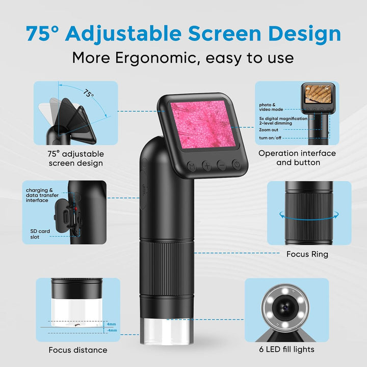 LCD Digital Handheld Microscope, 800x Portable Pocket Microscope for Kids with LED Lights, Electroni