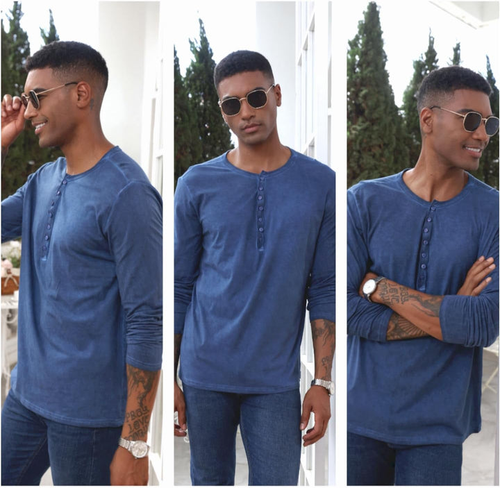 YawYews Henley Shirt Herren Langarm Langarmshirt Herren Longsleeve T Shirt Vintage Tshirt Baumwolle