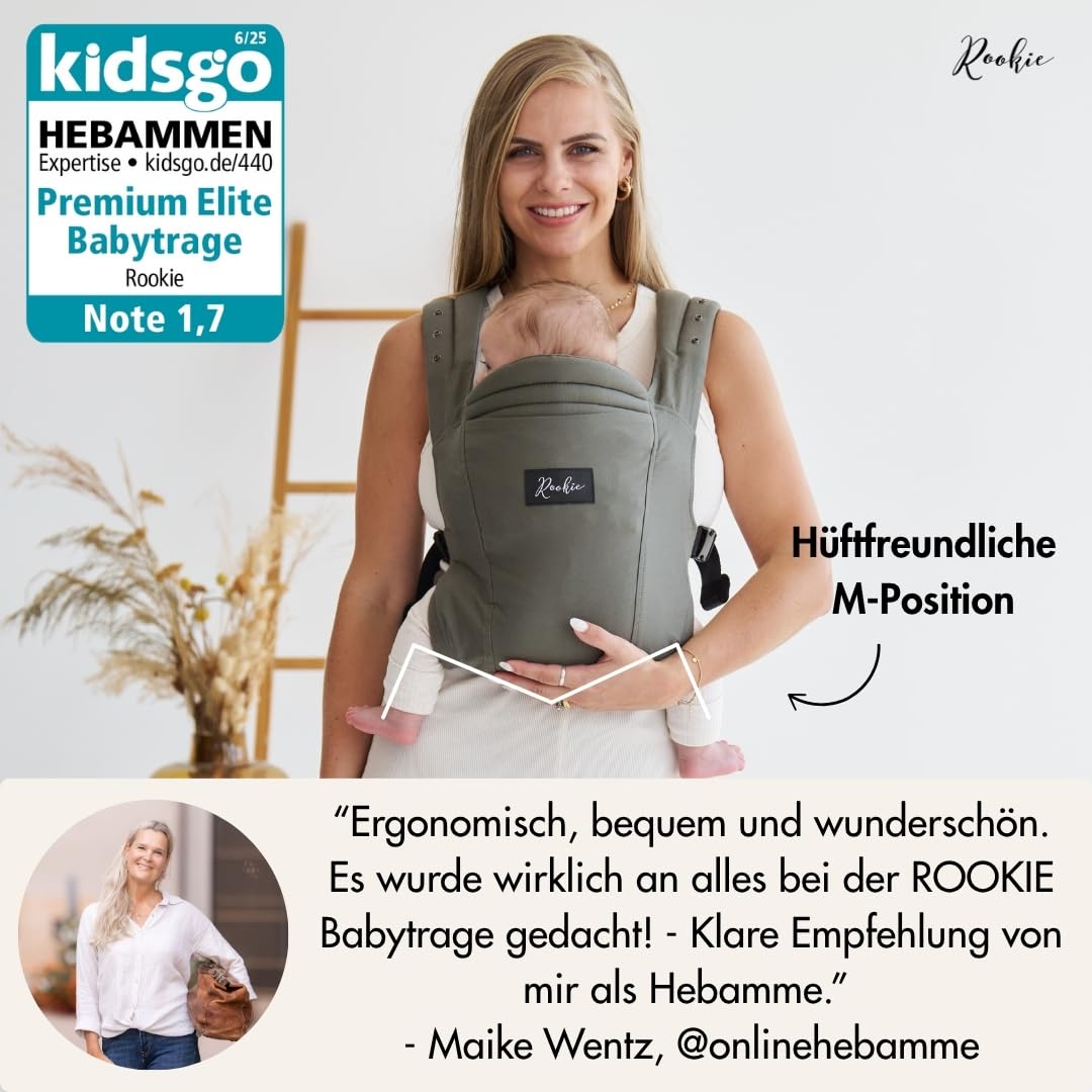 Rookie Babytrage ab Geburt - Ergonomisch, Bequem, Bio-Stoffe - Premium Elite Design - Baby Trage sch