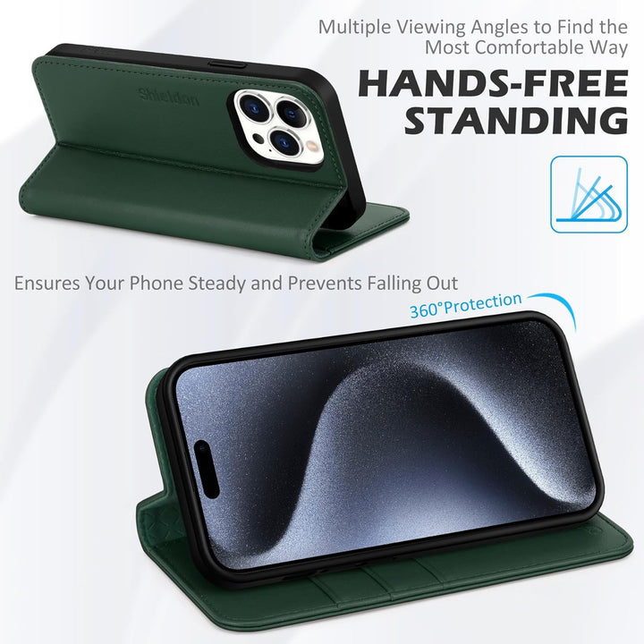 SHIELDON Hülle für iPhone 15 Pro Max, Lederhülle [Echtleder] [RFID Blocker] [Kartenfach] [Magnet] TP