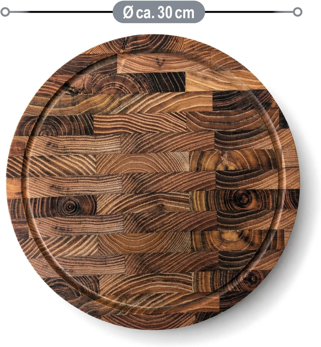 com-four® Schneidebrett rund 30 cm – Teakholz Schneidebrett mit Saftrille – Dickes Holzbrett mit Kac