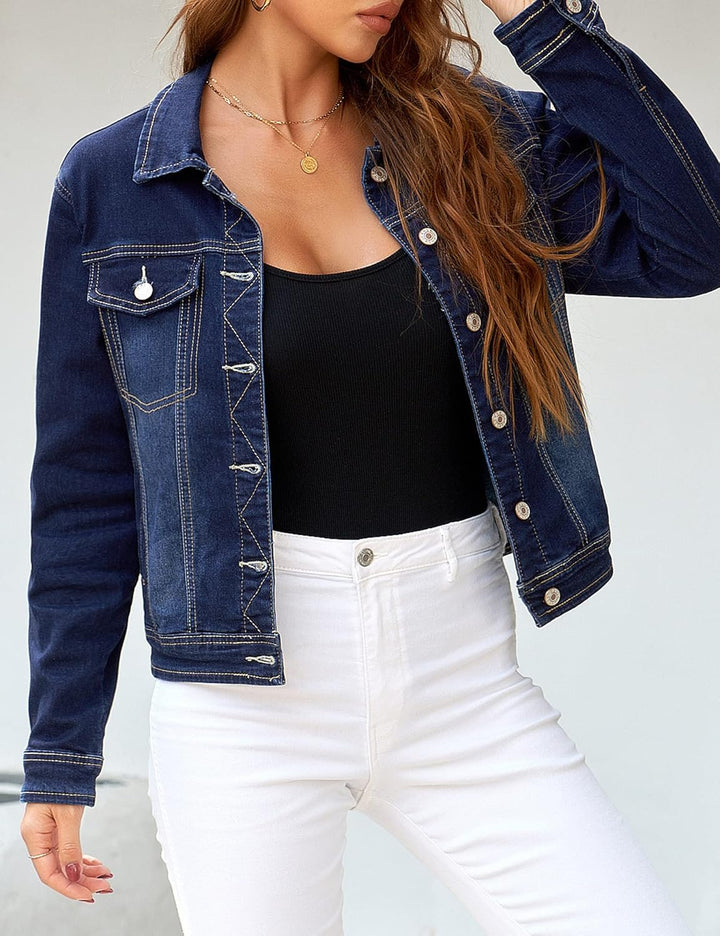 Roskiky Jeansjacken Damen Jean Stretchy Langarm Trucker Jacke mit Tasche M Blau, M Blau