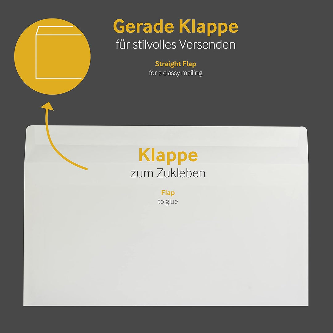 Blanke Briefhüllen, Transparente Briefumschläge, 500 Stück, Haftklebung, Ohne Fenster, Gerade Klappe