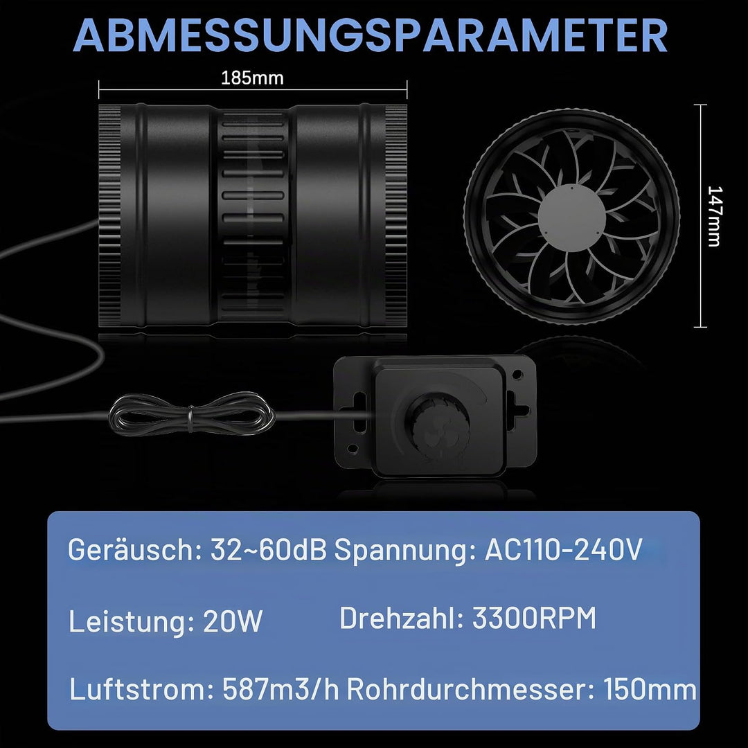 Regelbar Rohrventilator 150mm, Rohrlüfter 587m³/h, Abluftventilator mit Stecker Upgrade Controller,