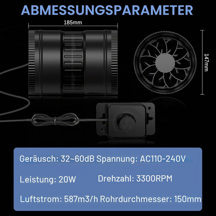 Regelbar Rohrventilator 150mm, Rohrlüfter 587m³/h, Abluftventilator mit Stecker Upgrade Controller,