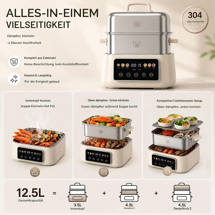 Fulgutonit 304 Edelstahl Elektrischer Dampfgarer 12.5L | 2 Ebenen, 6 Smart-Programme,24h Timer, Damp