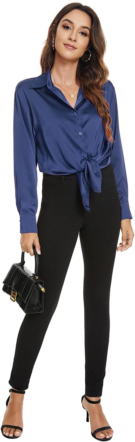 Atnlewhi Damen Bluse Langarm Knöpfen Satin Seide Hemden Basic Kent Kragen Arbeit Büro Formelle Casua