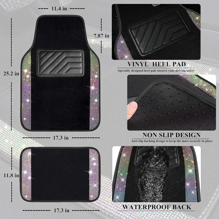 CAR PASS Auto-Fussmatten mit glitzernden Strasssteinen, wasserdicht, rutschfest, PVC-Fersenpolster,