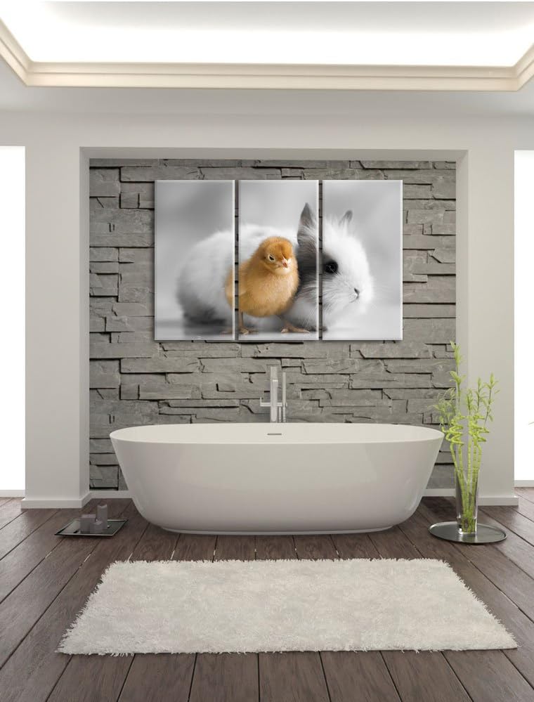 Pixxprint kleines Küken mit süssem Häschen B&W Detail 3-Teiler Leinwandbild 120x80 Bild auf Leinwand