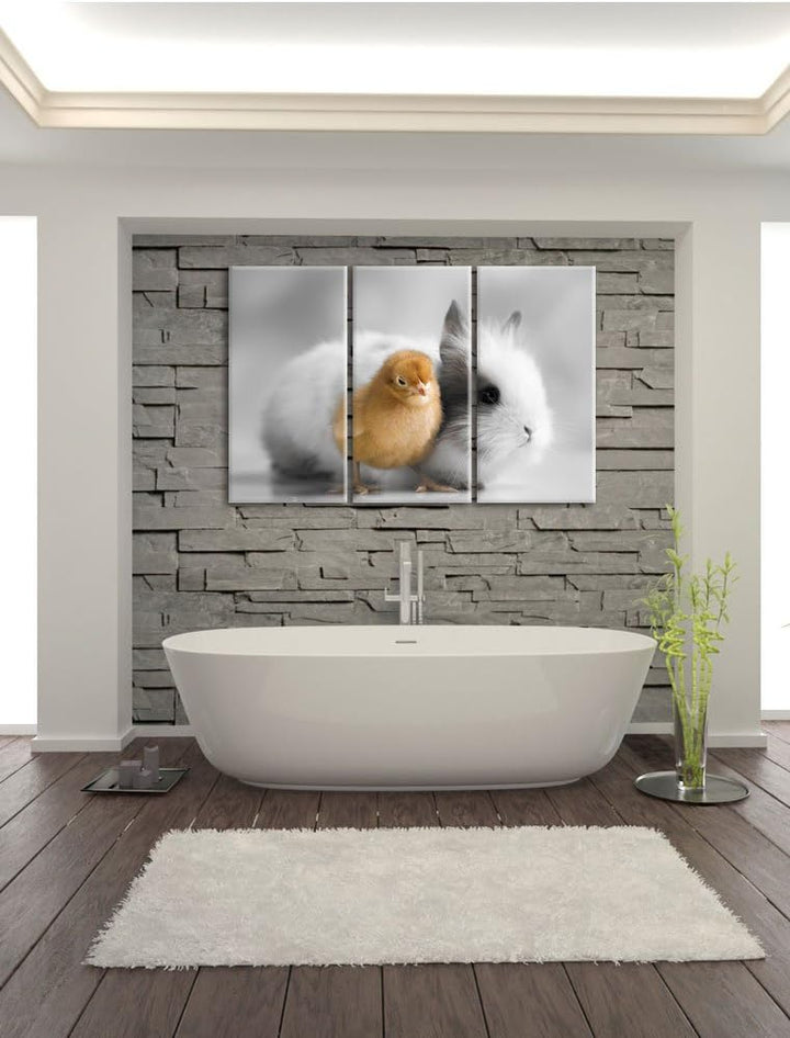Pixxprint kleines Küken mit süssem Häschen B&W Detail 3-Teiler Leinwandbild 120x80 Bild auf Leinwand