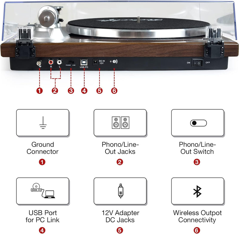 Plattenspieler Bluetooth mit Riemenantrieb Vinyl-Schallplattenspieler 33 oder 45 U/min mit Phono Vor