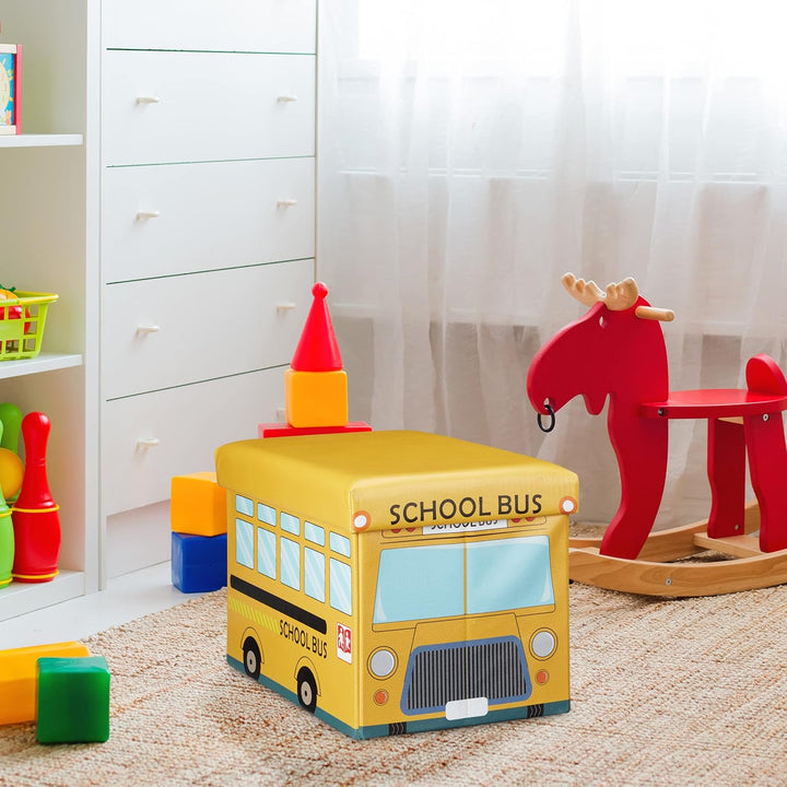 Relaxdays Faltbare Spielzeugkiste Schulbus HBT 32 x 48 x 32 cm stabiler Kinder Sitzhocker als Spielz