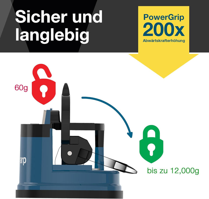 AnySharp Messerschärfer, Freihändige Sicherheit, PowerGrip Saugnapf, Sicheres Schärfen aller Küchenm