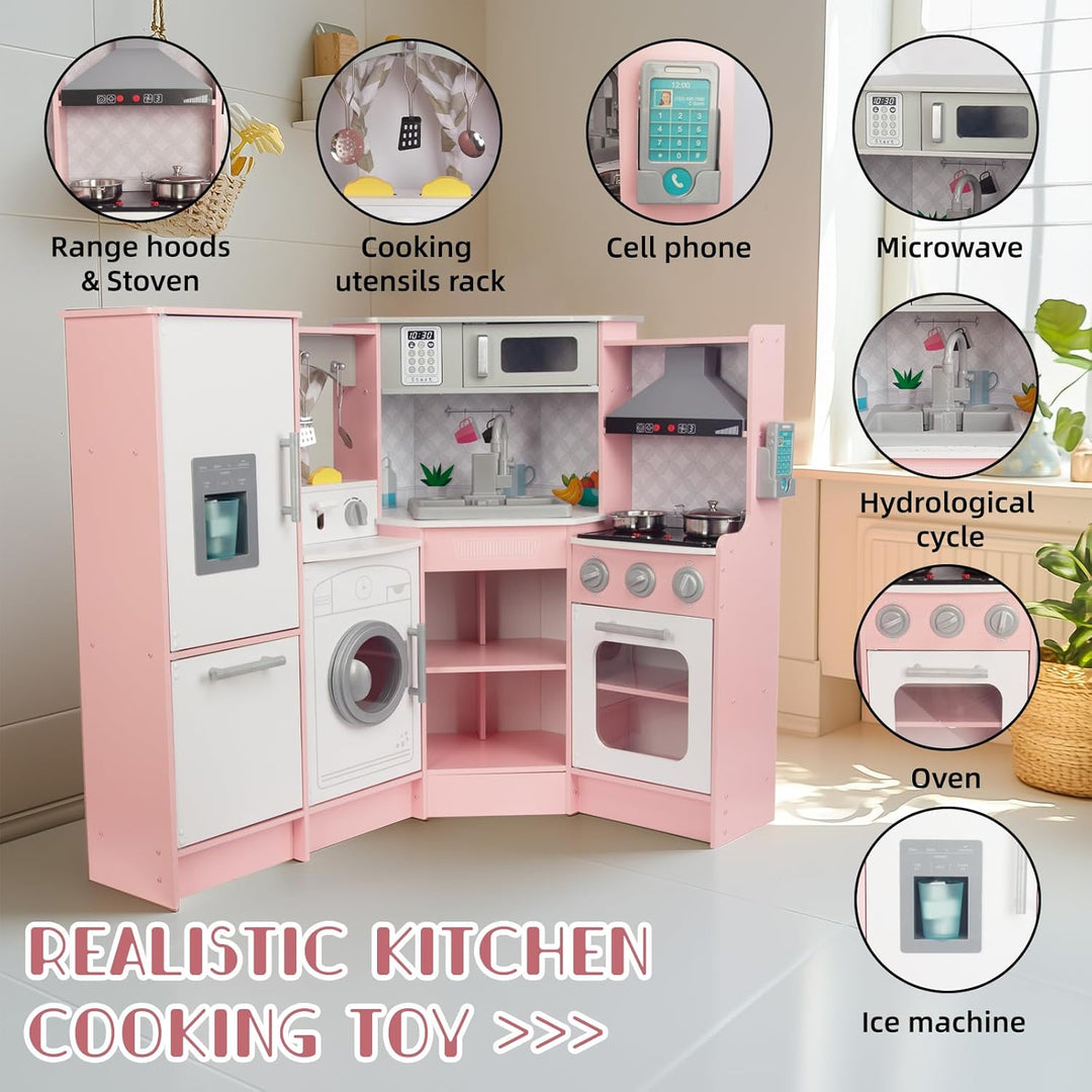 Rosa Hölzerne Kinderküche, Kinderspielküche mit Spüle Herd Backofen, Holzküche Spielzeugküche, Spiel