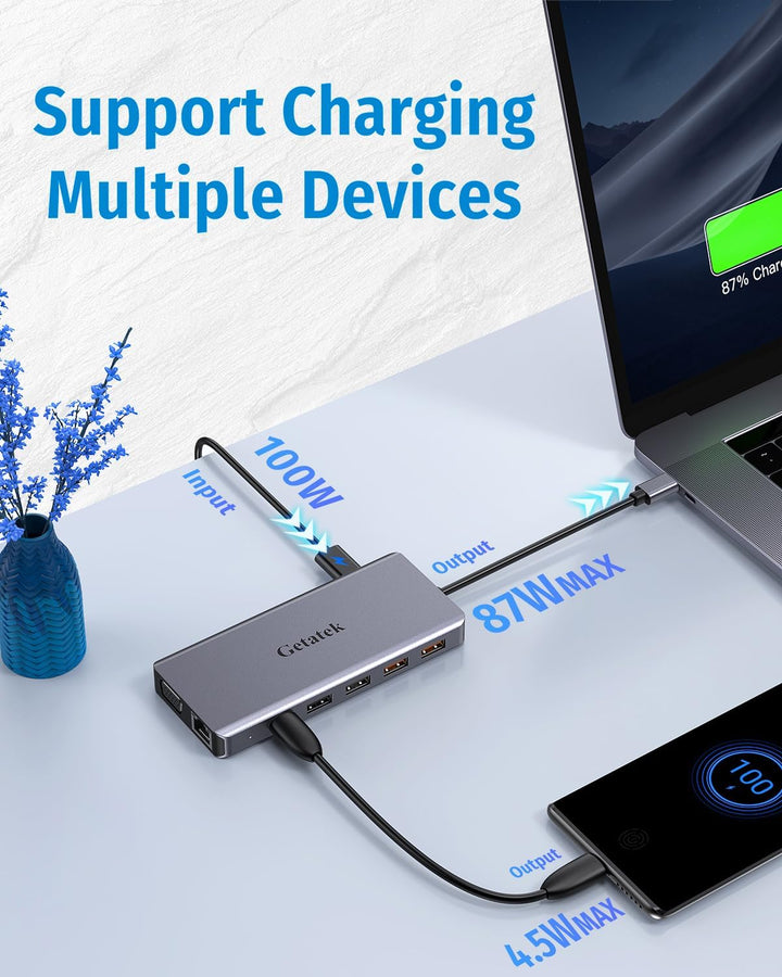 12-in-1 USB C Hub mit USB3.2 10Gbps Ports,USB-C10Gbps Port,USB2.0 Ports, 4K-HDMI, VGA,PD100W Chargin