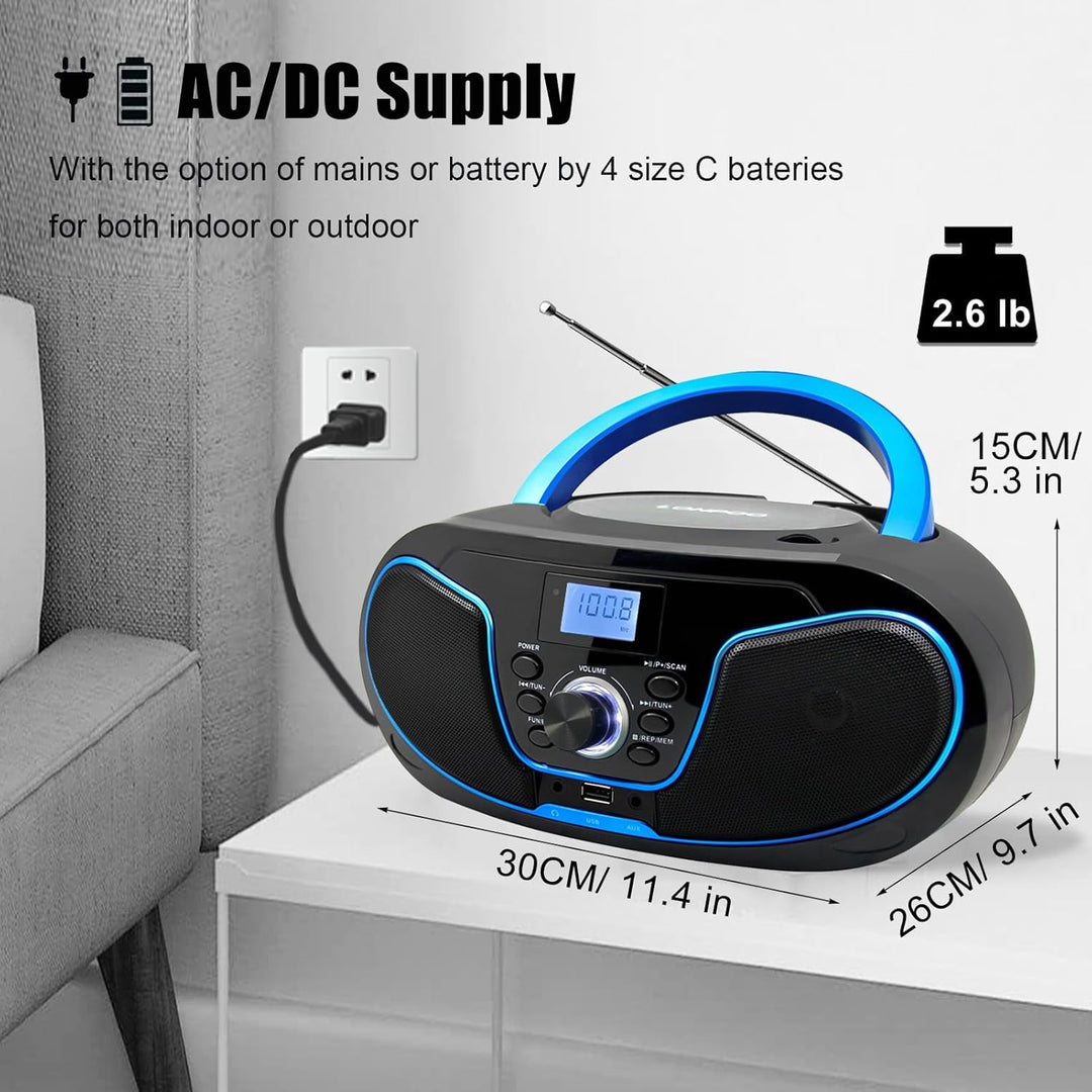 Tragbar CD Player Boombox Bluetooth - mit UKW Radio, USB Eingang & AUX & Kopfhörern Ports, 2 x 2 Wat