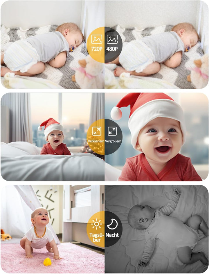 BURNNOVE Babyphone mit Kamera 720P IPS Video Babyphone ohne WLAN 2000mAh Akku 4X Zoom VOX-Modus Nach