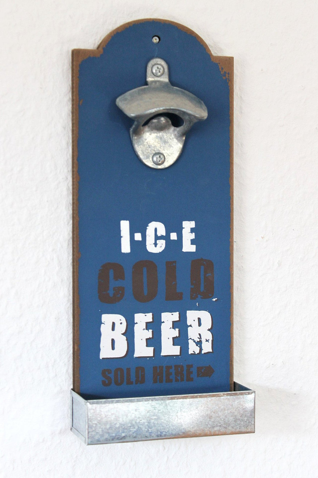 DanDiBo Wandflaschenöffner mit Kronkorkenbehälter 20003 Blau Ice Cold Beer Bieröffner 32 cm Flaschen