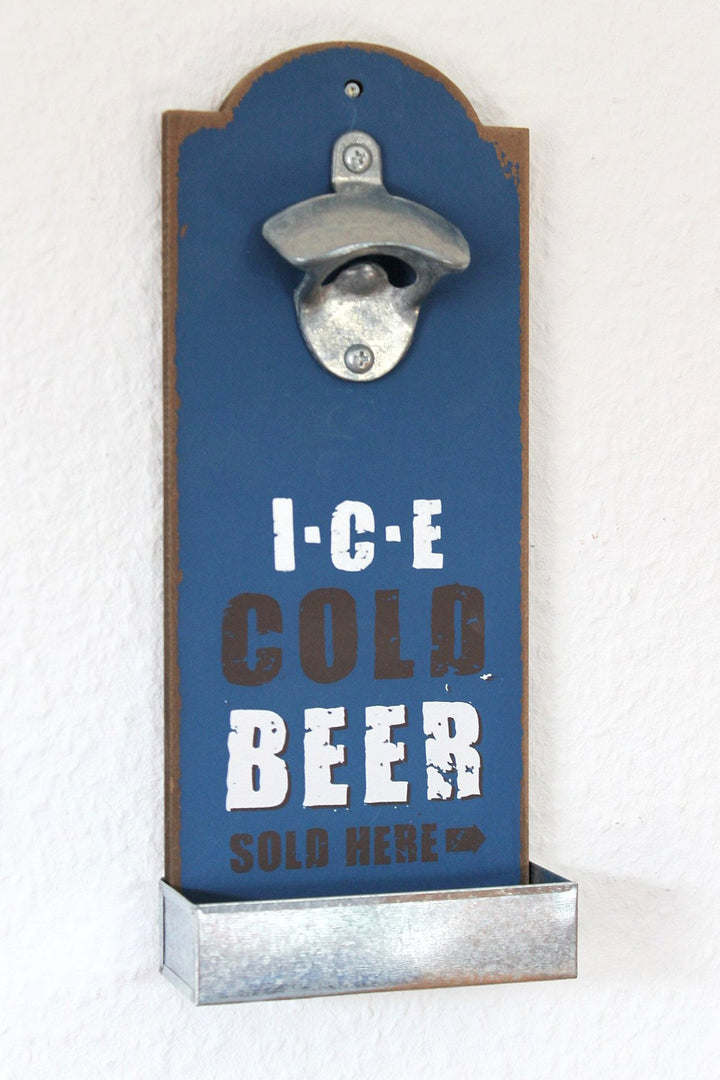 DanDiBo Wandflaschenöffner mit Kronkorkenbehälter 20003 Blau Ice Cold Beer Bieröffner 32 cm Flaschen