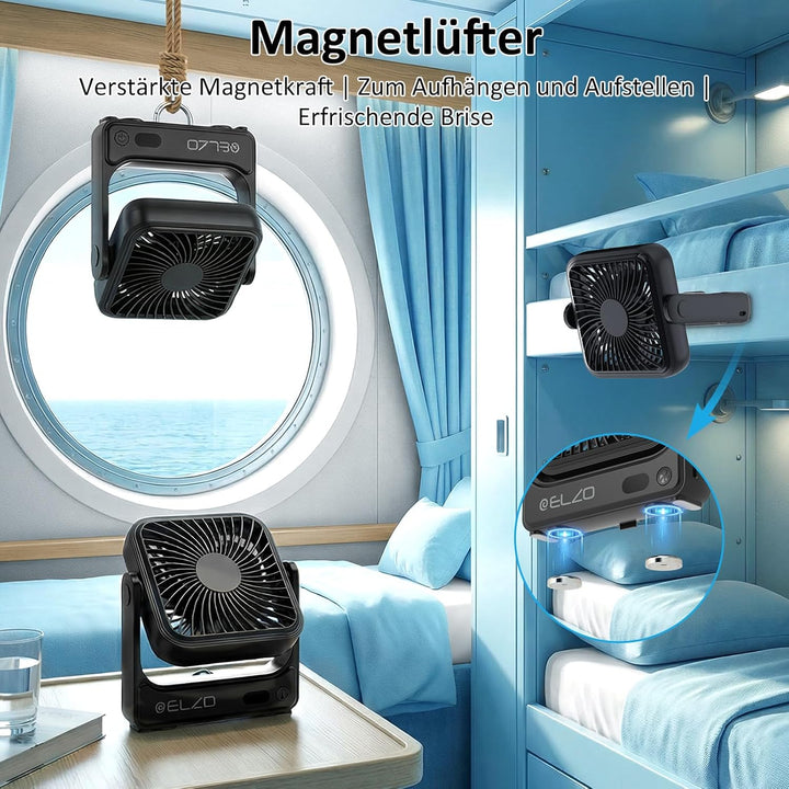 ELZO Magnetischer Reiseventilator kreuzfahrtgeeignet, 5000mAh wiederaufladbar tragbar, 4 Geschwindig