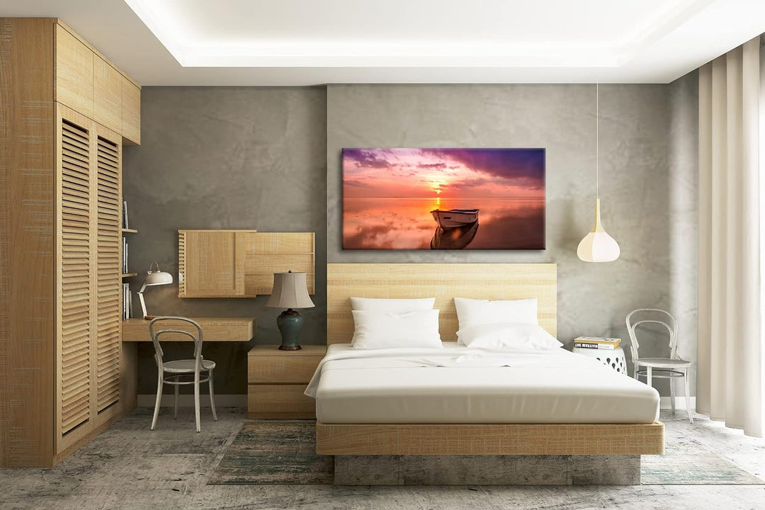Einsames Boot im Sonnenuntergang Panorama 120x60 cm als Leinwandbild, Motiv fertig gerahmt auf Echth
