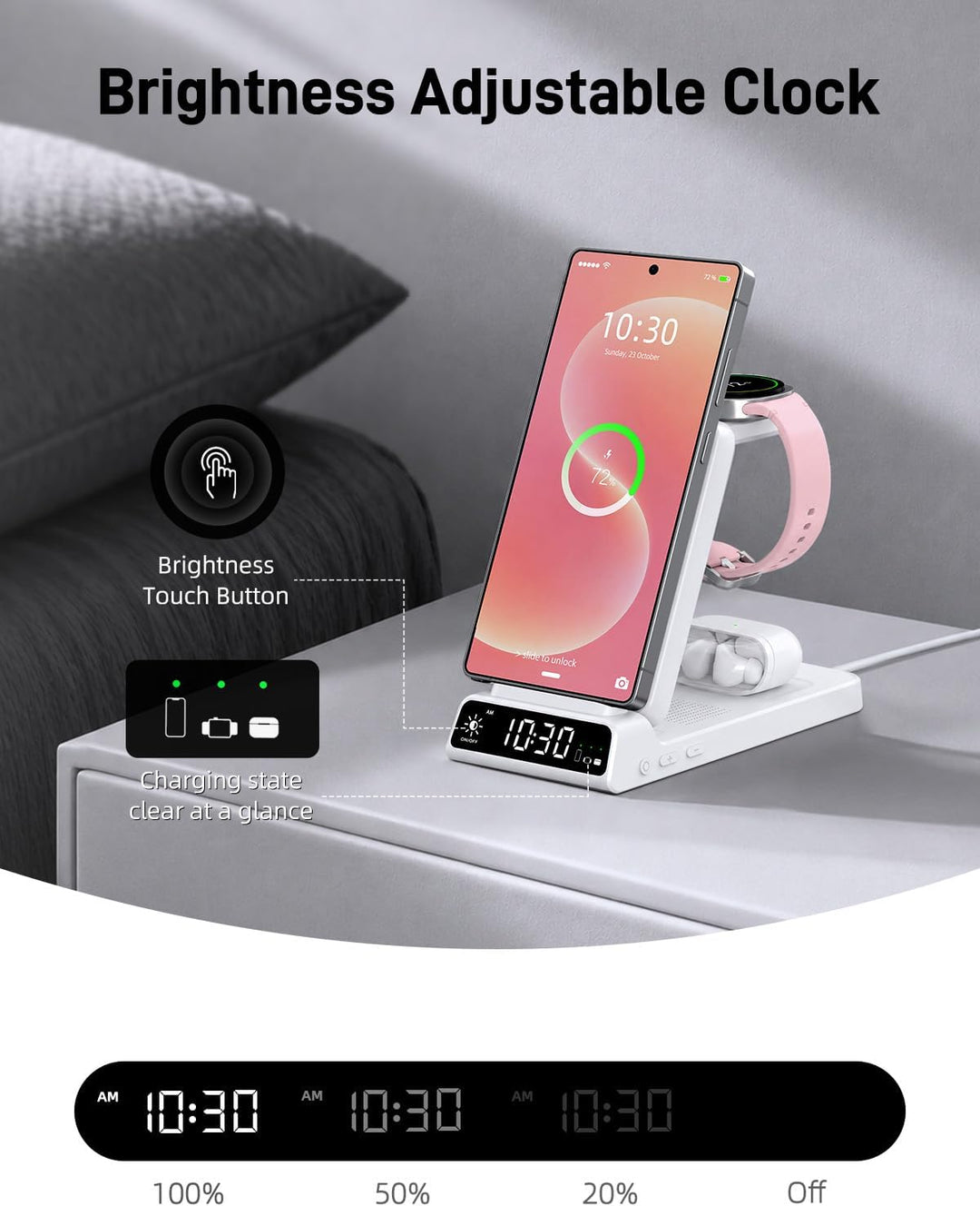 Wireless Charger für Samsung Ladestation 3 in 1 mit Uhr für Samsung Galaxy S26/S25/Z Fold 7/Flip 7/B