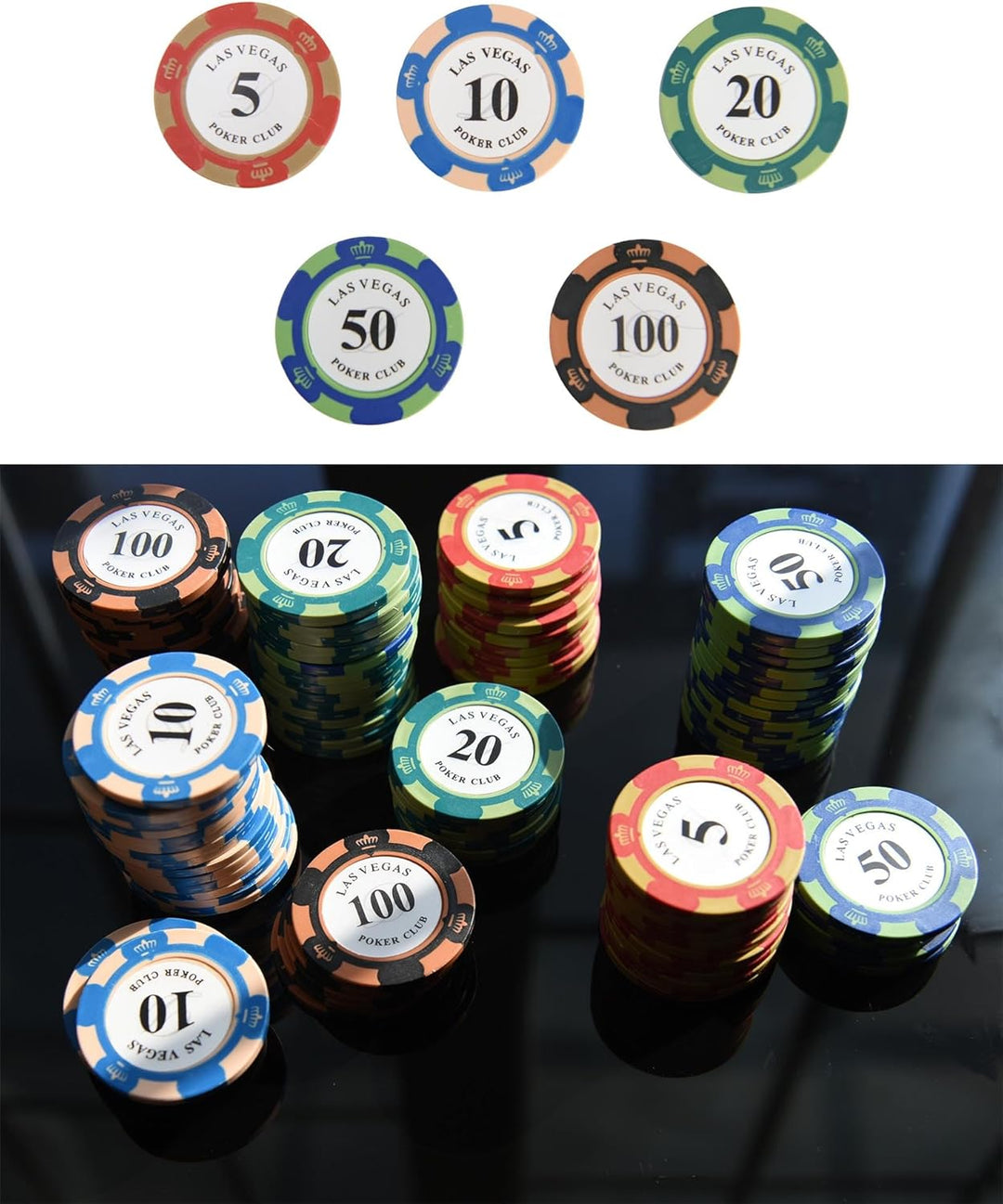Pokerchip-Set mit 100 Tonchips mit Nennwert, geeignet für Blackjack und Casinospiele, 20 Chips pro N