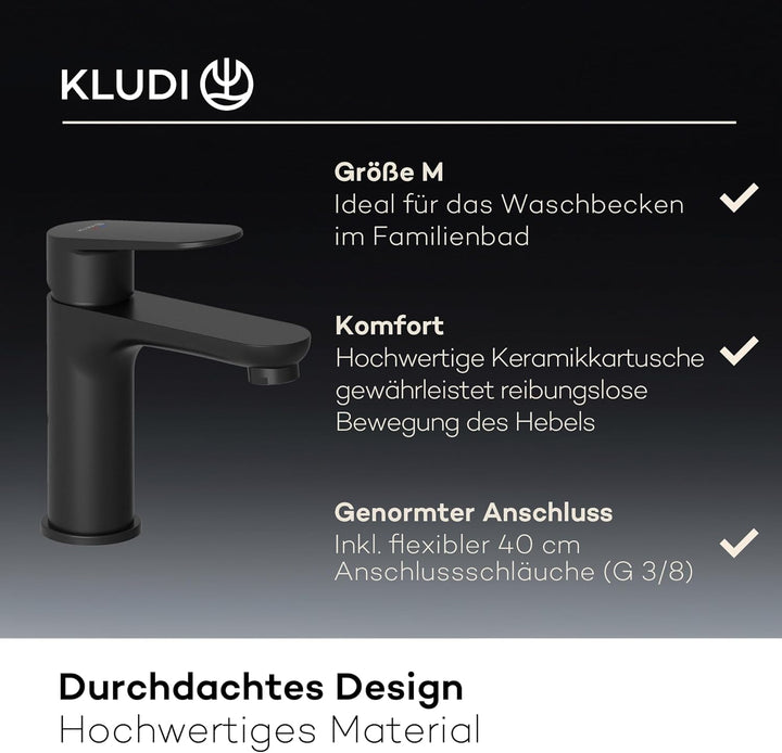 KLUDI-X1 Waschtischarmatur, Auslaufhöhe 95 mm, wassersparender Wasserhahn Bad Schwarz Matt Grösse M,