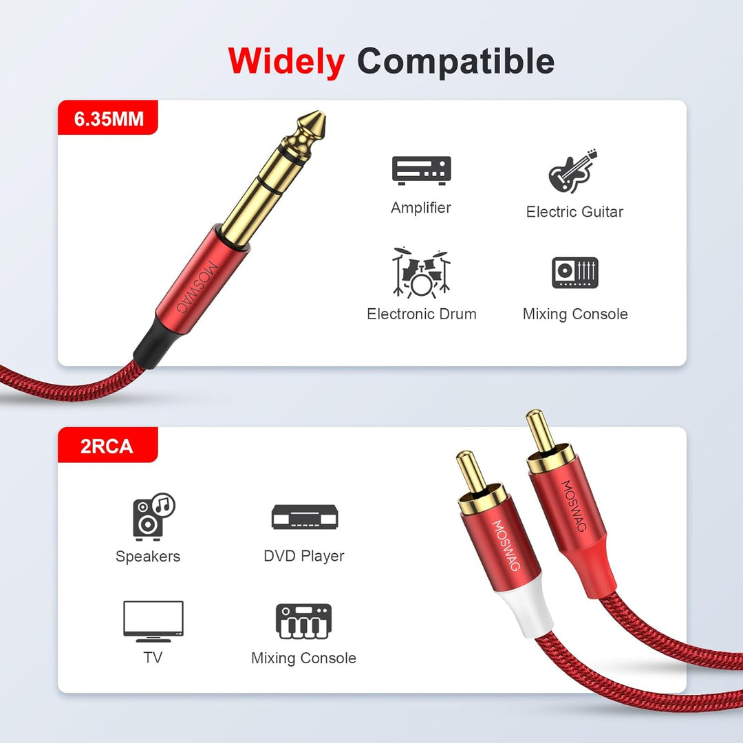 MOSWAG 6,3 mm Klinke auf Cinch Kabel, Cinch-Audiokabel 10M, Klinkenkabel, Klinkenstecker auf 2 x Cin