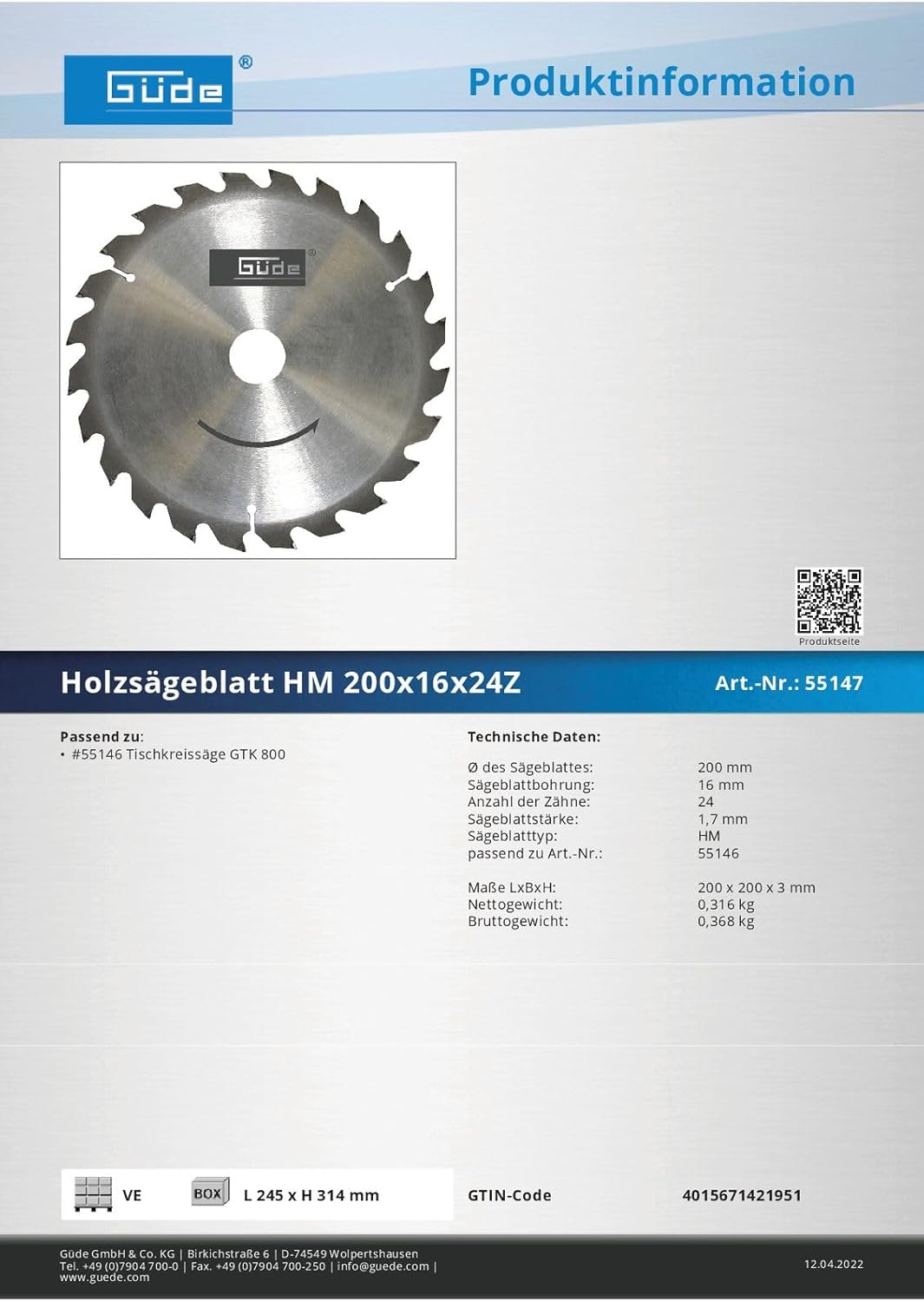 Güde Sägeblatt HM 200x16x24Z für Tischkreissäge, Kreissägeblatt, Holzsägeblatt, Hartmetall