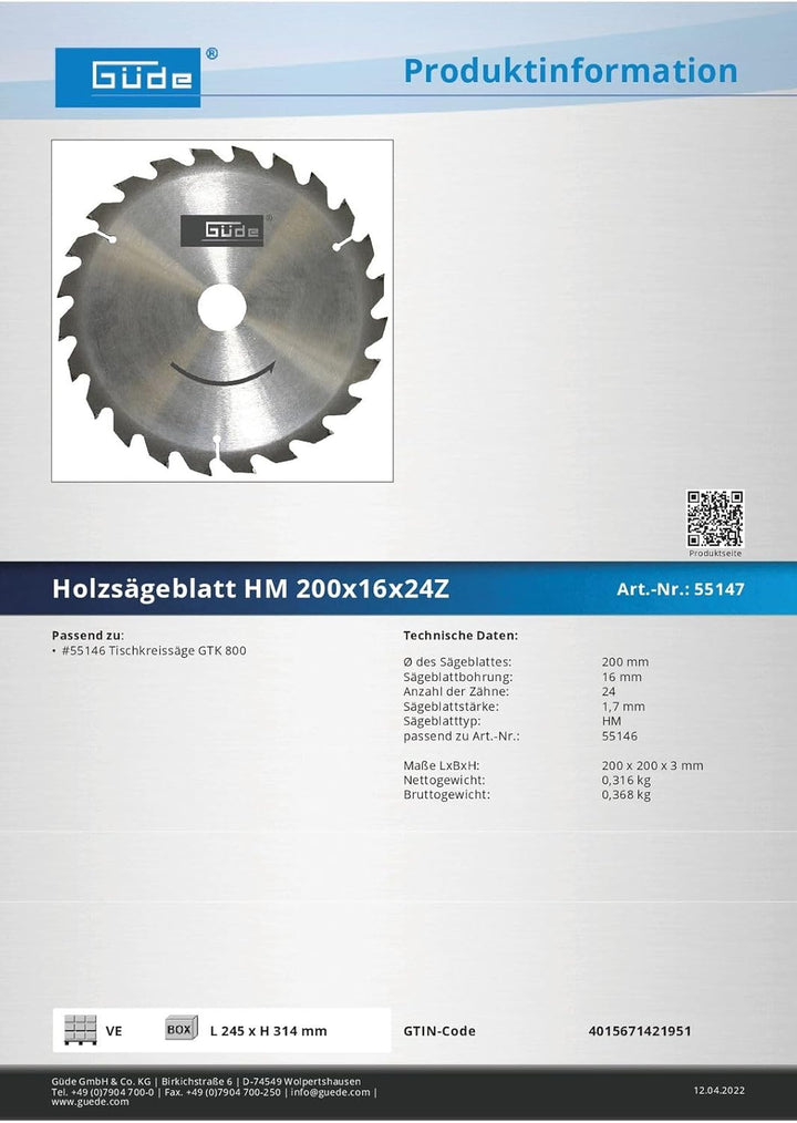 Güde Sägeblatt HM 200x16x24Z für Tischkreissäge, Kreissägeblatt, Holzsägeblatt, Hartmetall