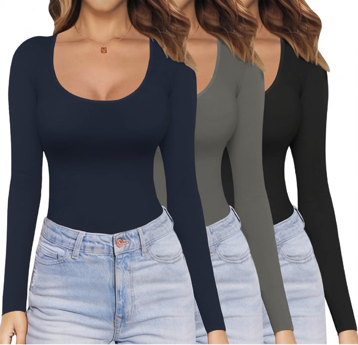 Ekouaer Damen Langarm-Shirt, Rundhalsausschnitt, Stretch, enganliegend, trendiges Basic-Top, leichte