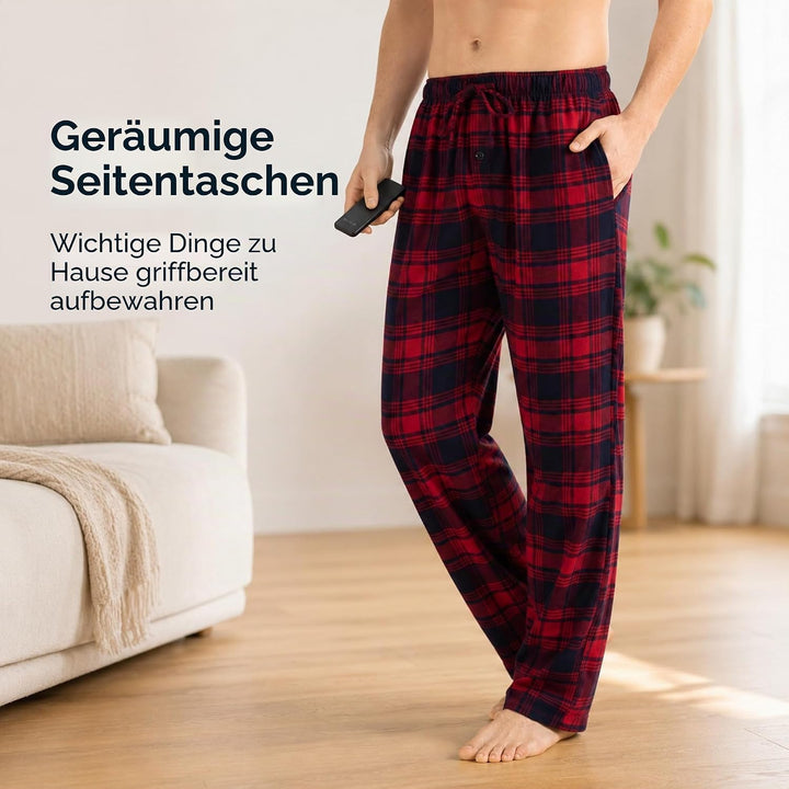 JTPW Herren 100% Baumwolle Flanell Bequeme Pyjama/Lounge Bottoms mit Taschen S Navy Red Plaid, S Nav