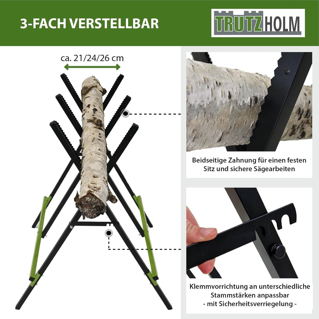 TRUTZHOLM Holzsägebock klappbar Stahl pulverbeschichtet 100 kg Traglast 3-fach verstellbarer Kettens